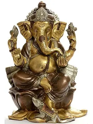 9" Kamalasana Ganesha with Om (AUM) and Trident Mark on Forehead In Brass | Handmade | Made In India