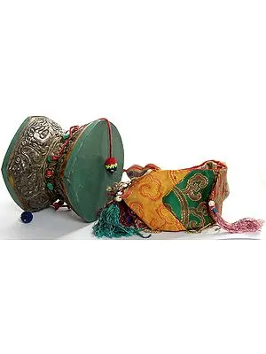 Pellet Drum (Damaru) with Dragon, Silk Tassel and Scarf