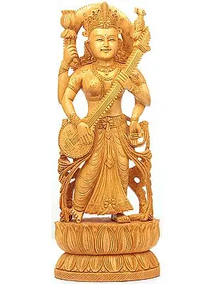 Goddess Saraswati Kadamba Wood Sculpture
