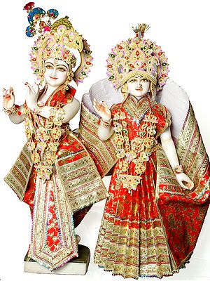 Radha and Krishna (Bedecked in Garments for Worship at Home or Temple)