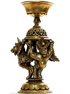 Monastery Butter Lamp with Protective Lions