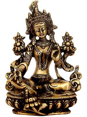 6" Tibetan Buddhist Goddess Green Tara in Brass | Handmade | Made In India
