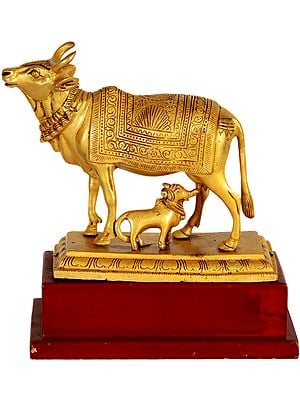 7" Cow and Calf on Wooden Stand In Brass | Handmade | Made In India