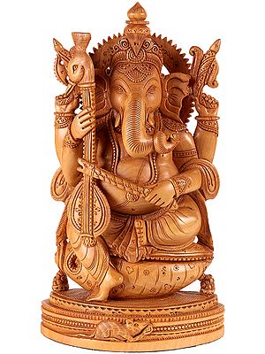 Seated on Conch Lord Ganesha Plays a Musical Instrument