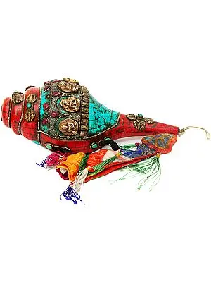 Five Dhyani Buddhas Conch with Vishva Vajra and Gemstones (Emerald, Ruby and Turquoise)