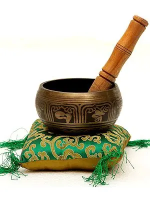 Om Mani Padme Hum Singing Bowl Embossed with Cosmic Buddhas Inside with Cushion Seat