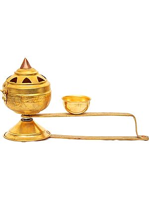 Hand-held Oil Lamp with Attached Bowl for Buddhist Puja