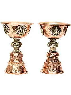 Pair of Butter Lamps with Auspicious Symbols