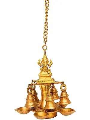 Lord Ganesha Hanging Five-wick Lamp with Bells