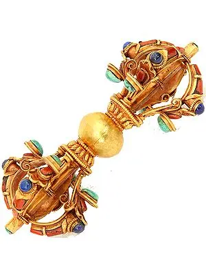 Five-Pronged Gold Plated Dorje with Gemstones