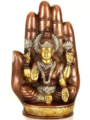 9" Goddess Lakshmi Idol Seated on Lotus against the Aureole of a Hand in Brass | Handmade | Made in India