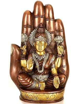 9" Goddess Lakshmi Seated on Lotus against the Aureole of a Hand In Brass | Handmade | Made In India
