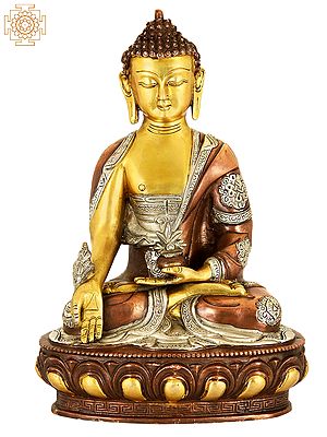12" Tibetan Buddhist Deity- The Medicine Buddha (Robes Decorated with Auspicious Symbols) In Brass | Handmade | Made In India