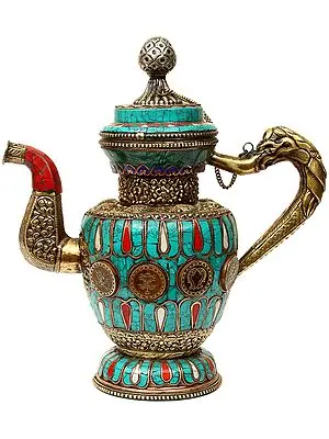 Ashtamangala Inlay Ritual Kettle with Dragon Handle and Repousse Work