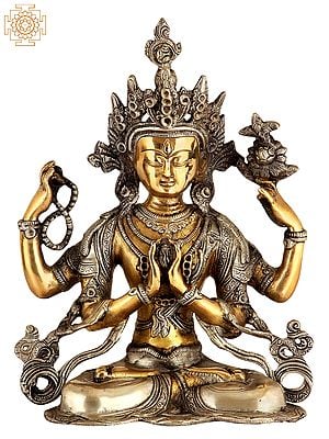 11" Tibetan Buddhist Deity: Chenrezig (Shadakshari Lokeshvara) In Brass | Handmade | Made In India