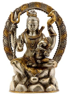 12" Lord Shiva Seated on Mount Kailash with Baby Ganesha In Brass | Handmade | Made In India