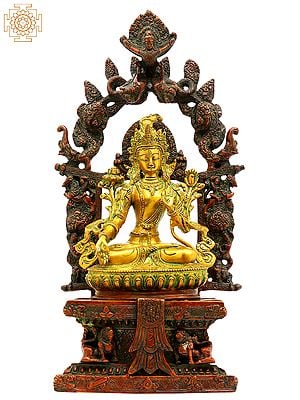 16" Tibetan Buddhist Goddess White Tara Seated on Six-Ornament Throne of Enlightenment In Brass | Handmade | Made In India