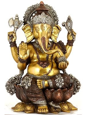 12" Chaturbhuja Ganesha Anugraha-Murti | Brass Statue | Handmade | Made In India