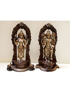 9" Lord Vishnu and Lakshmi Ji with Floral Aureole | Handmade Brass Statue | Made in India