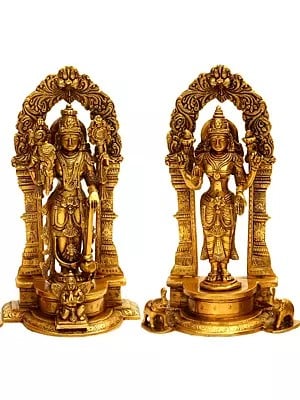 9" Lord Vishnu and Lakshmi Ji with Floral Aureole | Handmade Brass Statue | Made in India