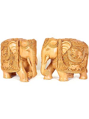 Elephant Pair (Saddle Carved with the Scenes from Wild Life)