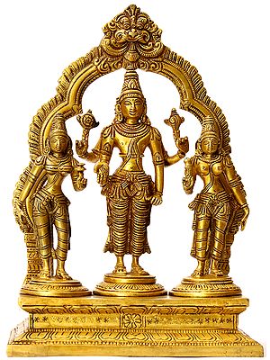 10" Lord Vishnu with Shridevi and Bhudevi in Brass | Handmade | Made In India