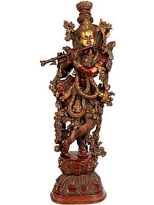 29" Large Size Enrapt Krishna Playing on Flute In Brass | Handmade | Made In India
