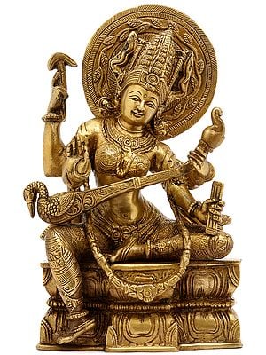 11" Goddess Saraswati In Brass | Handmade | Made In India