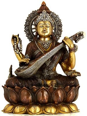 11" Saraswati - Goddess of Arts and Wisdom in Copper, Silver and Golden Hues In Brass | Handmade | Made In India