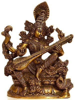 11" Goddess Saraswati In Brass | Handmade | Made In India