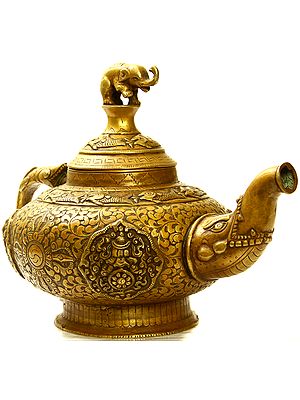 Monastery Ritual Kettle with Dragon Handle and Elephant Knob (Decorated with Ashtamangala, Fishes and Good Luck Symbols)