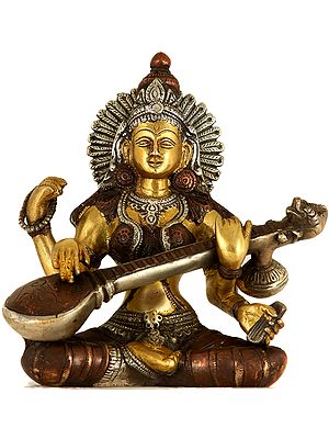 7" Goddess Saraswati In Brass | Handmade | Made In India