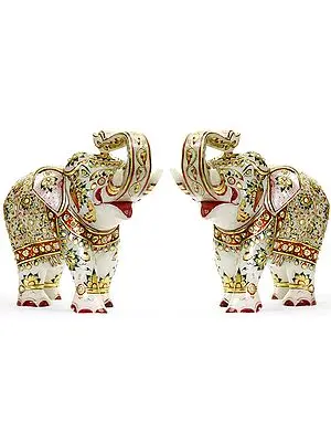 Decorated Marble Elephant Pair
