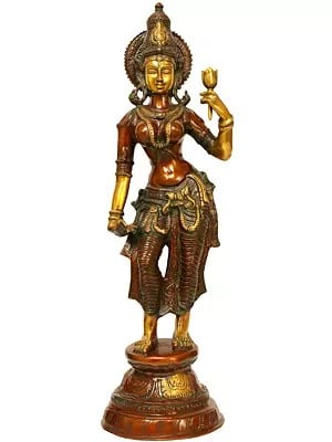 28" A Rare Form of Two-Armed Goddess Lakshmi Brass Statue | Handmade | Made In India