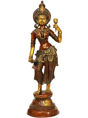 28" A Rare Form of Goddess Lakshmi with Normal Two Arms In Brass | Handmade | Made In India