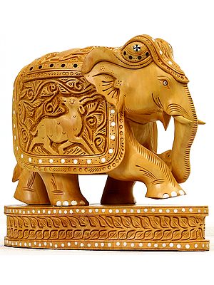 Decorated Royal Elephant with Pedestal (Saddle Carved with Antelope and Floral Motifs)