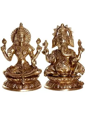 9" Kamalasana Lambodara Ganesha and Lakshmi In Brass | Handmade | Made In India