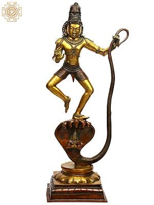41" Large Size Lord Krishna Idol Dancing on Kaliya Naag | Handmade Brass Statue