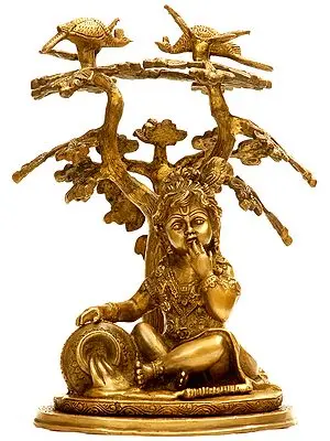 Innocent Krishna Under a Tree with Peacock Pair Atop