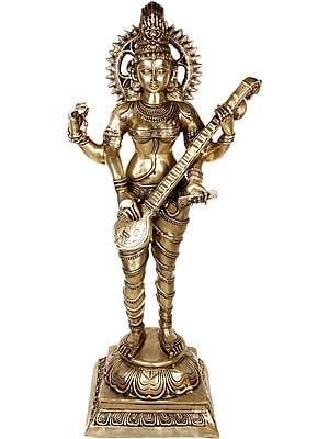 51" Large Size Vina-Vadini Saraswati In Brass | Handmade | Made In India