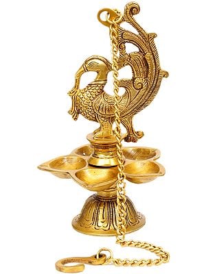 10" Temple Hanging: Mayura Lamp In Brass | Handmade | Made In India