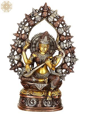 10" Triple-Hued Goddess Saraswati with Aureole of Purna-Ghatas In Brass | Handmade | Made In India