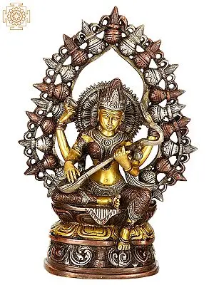 10" Triple-Hued Goddess Saraswati with Aureole of Purna-Ghatas In Brass | Handmade | Made In India