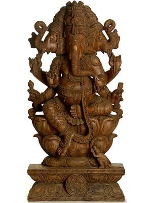 Three-Headed Ganesha Seated in Lalitasana on Lotus Throne