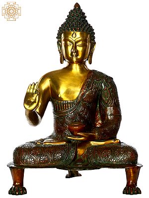 20" Lord Buddha Preaching His Law of Dharma (Robes Decorated with Flowers) In Brass | Handmade | Made In India