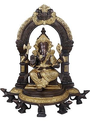11" Lord Ganesha Seated on Throne Supported by Five Rats with Ornate Aureole In Brass | Handmade | Made In India