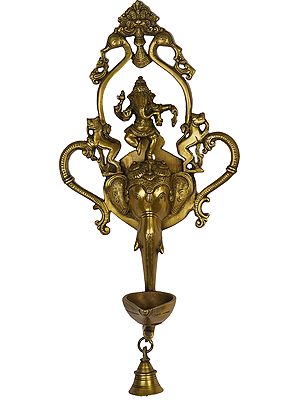 16" Dancing Ganesha Wall Hanging Lamp with Bell In Brass | Handmade | Made In India