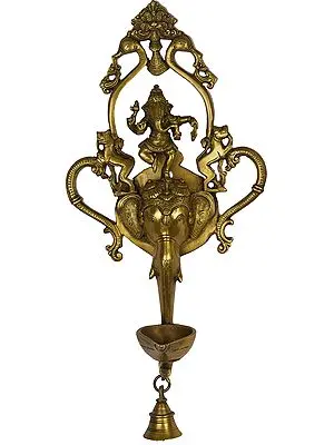 16" Dancing Ganesha Wall Hanging Lamp with Bell in Brass | Handmade | Made in India