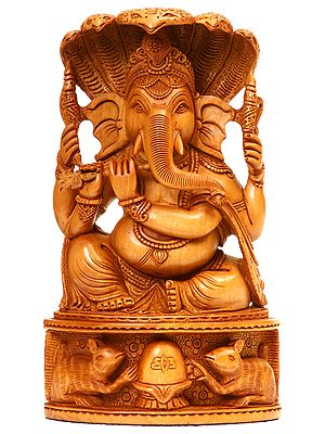 Lord Ganesha Playing Flute (Protected by Seven-Hooded Serpent)