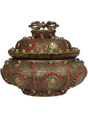 Museum Quality Monastery Ashtamangala Bowl with the Syllable OM MANI PADME HUM and Fine Filigree Work